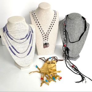 Native American Seed Bead Jewelry w/ Leather Pouch Red White Blue Black